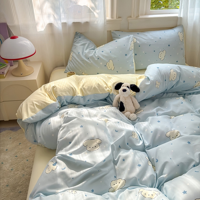 91家纺网 家纺一手货源 找家纺 沐芷 2025 A类软萌水洗棉卡通印花四件套床上用品三件套被套床单 星空狗