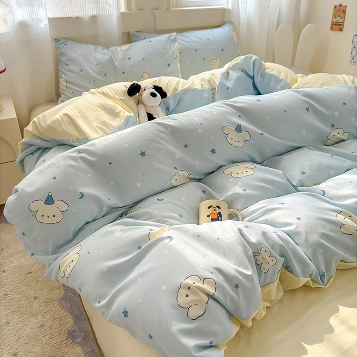 91家纺网 家纺一手货源 找家纺 沐芷 2025 A类软萌水洗棉卡通印花四件套床上用品三件套被套床单 星空狗