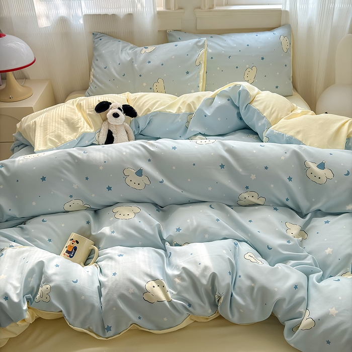 91家纺网 家纺一手货源 找家纺 沐芷 2025 A类软萌水洗棉卡通印花四件套床上用品三件套被套床单 星空狗