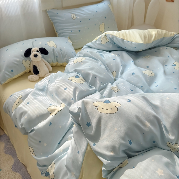 91家纺网 家纺一手货源 找家纺 沐芷 2025 A类软萌水洗棉卡通印花四件套床上用品三件套被套床单 星空狗