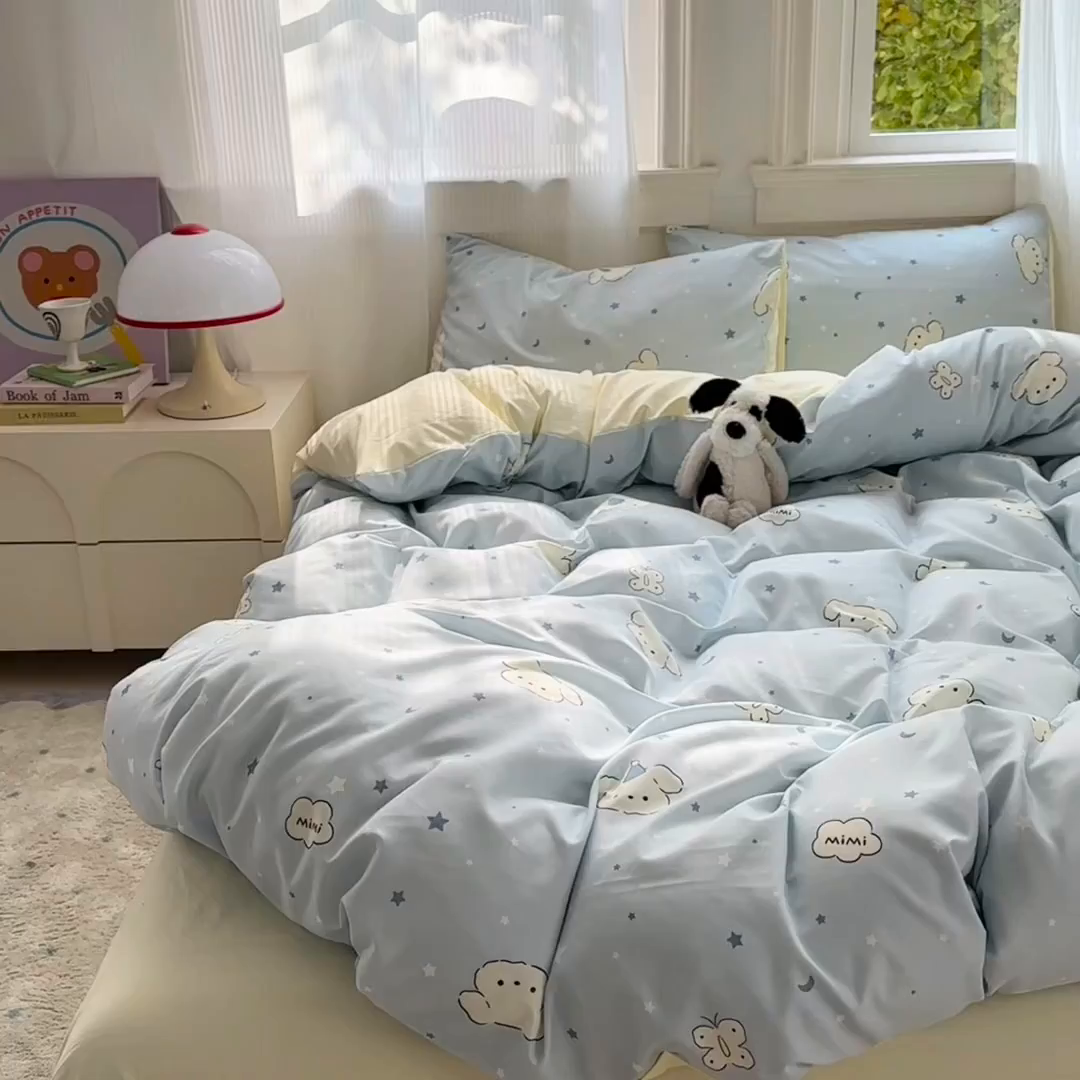 91家纺网 家纺一手货源 找家纺 沐芷 2025 A类软萌水洗棉卡通印花四件套床上用品三件套被套床单 星空狗