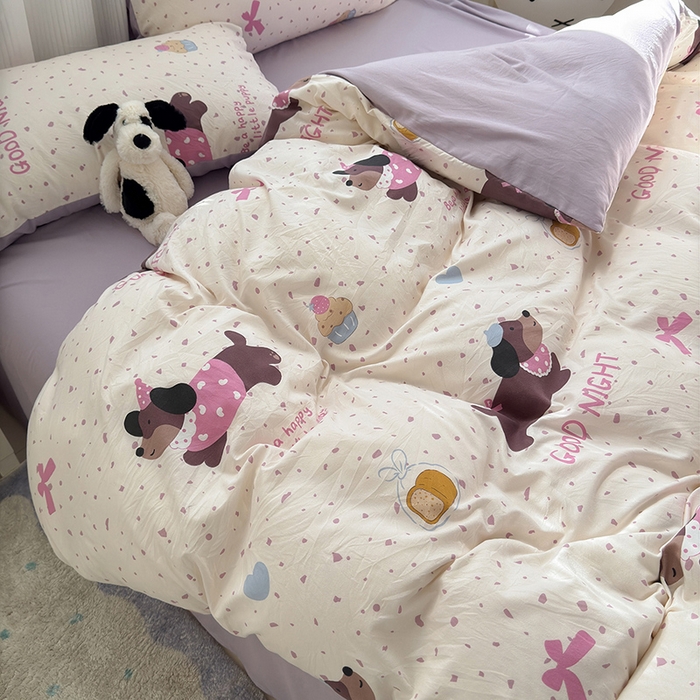 91家纺网 家纺一手货源 找家纺 沐芷 2025 A类软萌水洗棉卡通印花四件套床上用品三件套被套床单 香芋紫狗