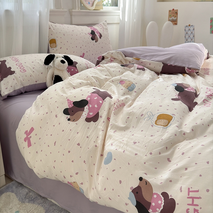 91家纺网 家纺一手货源 找家纺 沐芷 2025 A类软萌水洗棉卡通印花四件套床上用品三件套被套床单 香芋紫狗