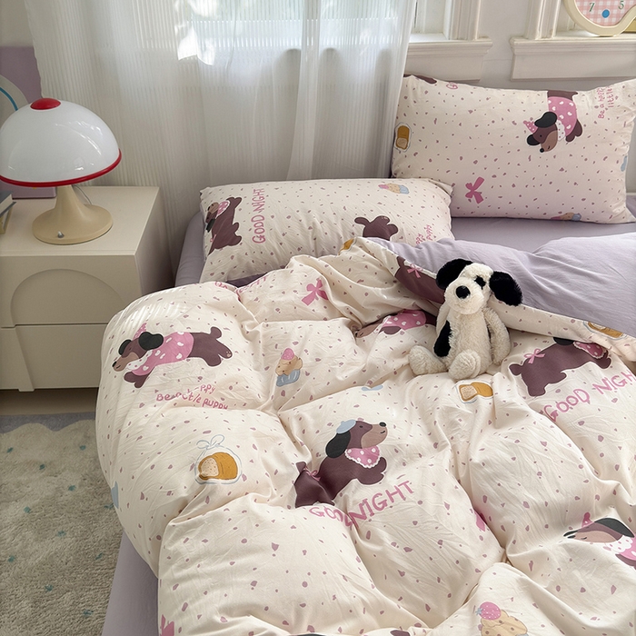 91家纺网 家纺一手货源 找家纺 沐芷 2025 A类软萌水洗棉卡通印花四件套床上用品三件套被套床单 香芋紫狗