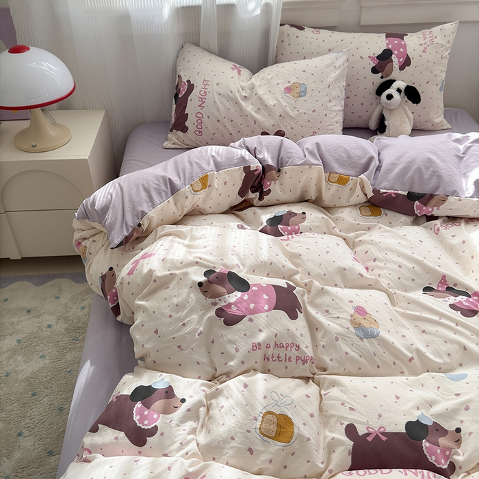 91家纺网 家纺一手货源 找家纺 沐芷 2025 A类软萌水洗棉卡通印花四件套床上用品三件套被套床单 香芋紫狗