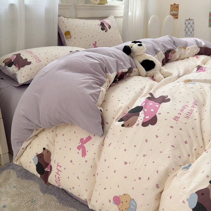 91家纺网 家纺一手货源 找家纺 沐芷 2025 A类软萌水洗棉卡通印花四件套床上用品三件套被套床单 香芋紫狗