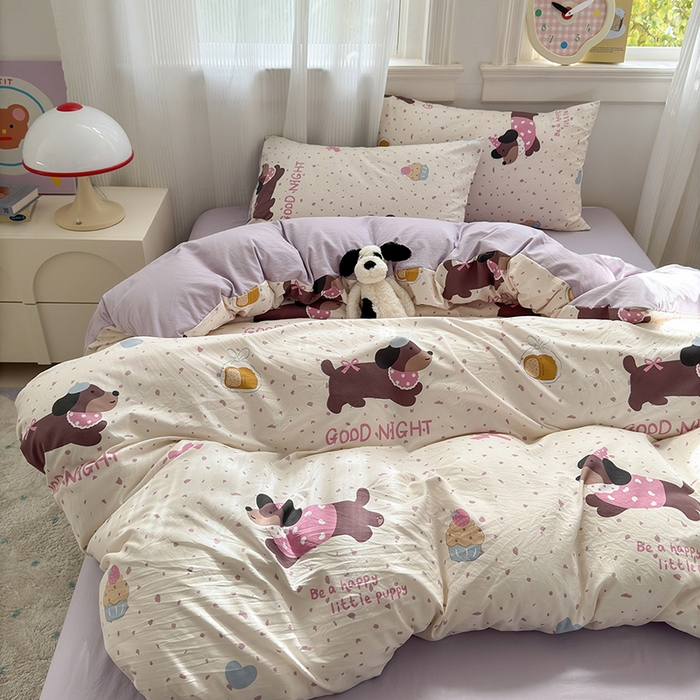 91家纺网 家纺一手货源 找家纺 沐芷 2025 A类软萌水洗棉卡通印花四件套床上用品三件套被套床单 香芋紫狗