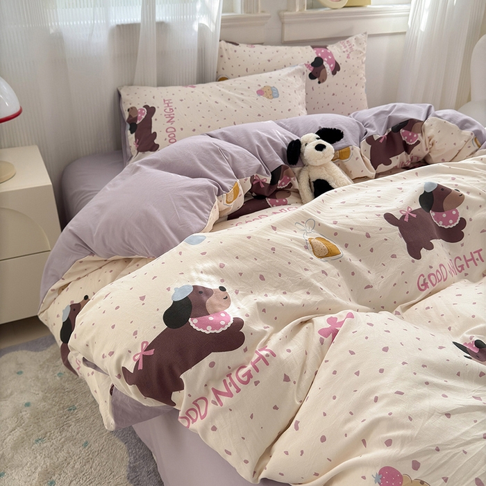 91家纺网 家纺一手货源 找家纺 沐芷 2025 A类软萌水洗棉卡通印花四件套床上用品三件套被套床单 香芋紫狗