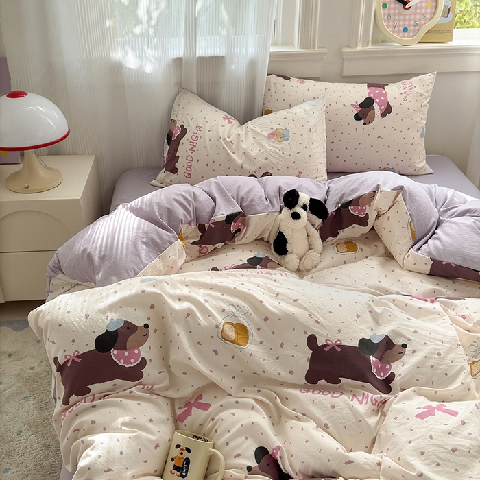 91家纺网 家纺一手货源 找家纺 沐芷 2025 A类软萌水洗棉卡通印花四件套床上用品三件套被套床单 香芋紫狗