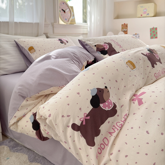 91家纺网 家纺一手货源 找家纺 沐芷 2025 软萌卡通超柔水洗棉单被套A类 被套单件被罩 香芋紫狗