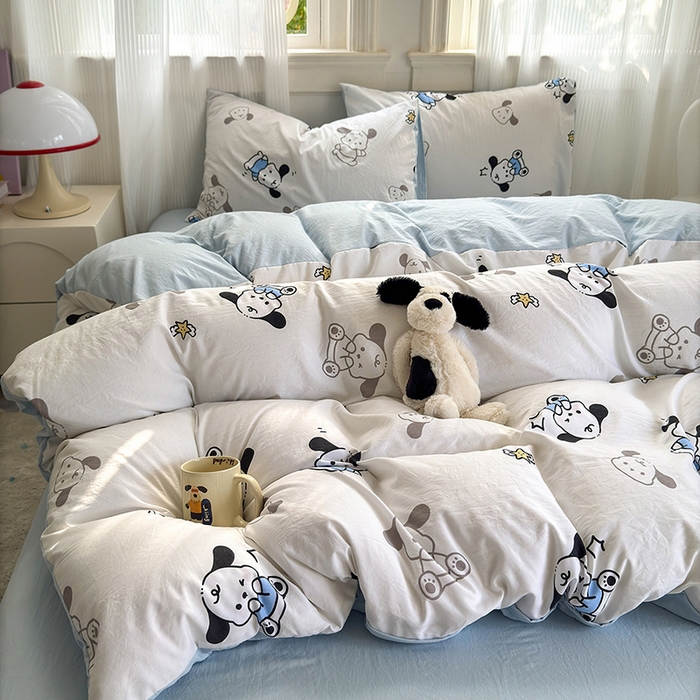 91家纺网 家纺一手货源 找家纺 沐芷 2025 A类软萌水洗棉卡通印花四件套床上用品三件套被套床单 丹妮狗