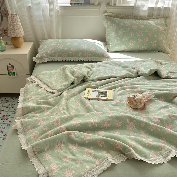 91家纺网 家纺一手货源 找家纺 曼之夏 2025新款A类全棉纯棉双层纱大豆纤维夏被夏凉被空调被 苏打绿