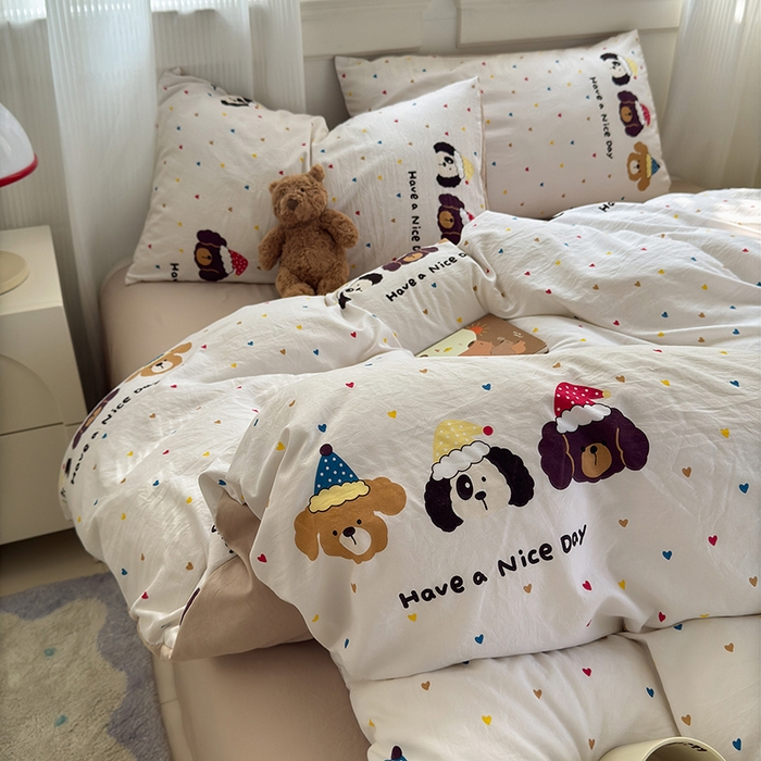 91家纺网 家纺一手货源 找家纺 沐芷 2025 A类软萌水洗棉卡通印花四件套床上用品三件套被套床单 晚安宝贝