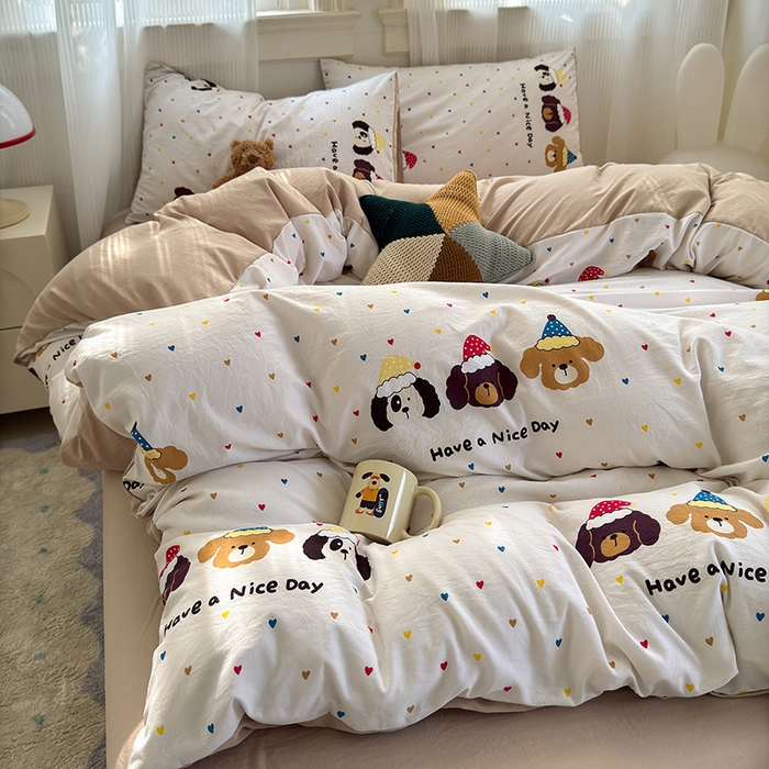 91家纺网 家纺一手货源 找家纺 沐芷 2025 A类软萌水洗棉卡通印花四件套床上用品三件套被套床单 晚安宝贝