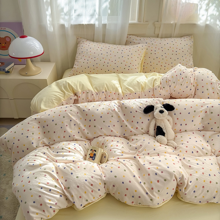 91家纺网 家纺一手货源 找家纺 沐芷 2025 A类软萌水洗棉卡通印花四件套床上用品三件套被套床单 圆波点