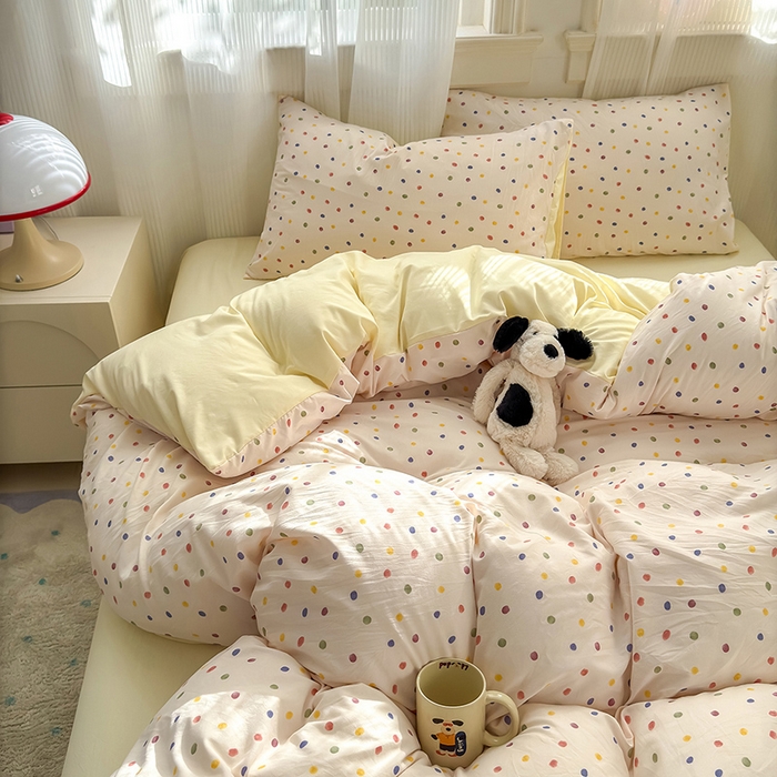 91家纺网 家纺一手货源 找家纺 沐芷 2025 A类软萌水洗棉卡通印花四件套床上用品三件套被套床单 圆波点