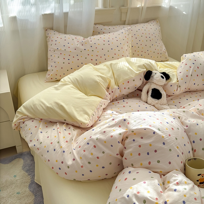 91家纺网 家纺一手货源 找家纺 沐芷 2025 A类软萌水洗棉卡通印花四件套床上用品三件套被套床单 圆波点