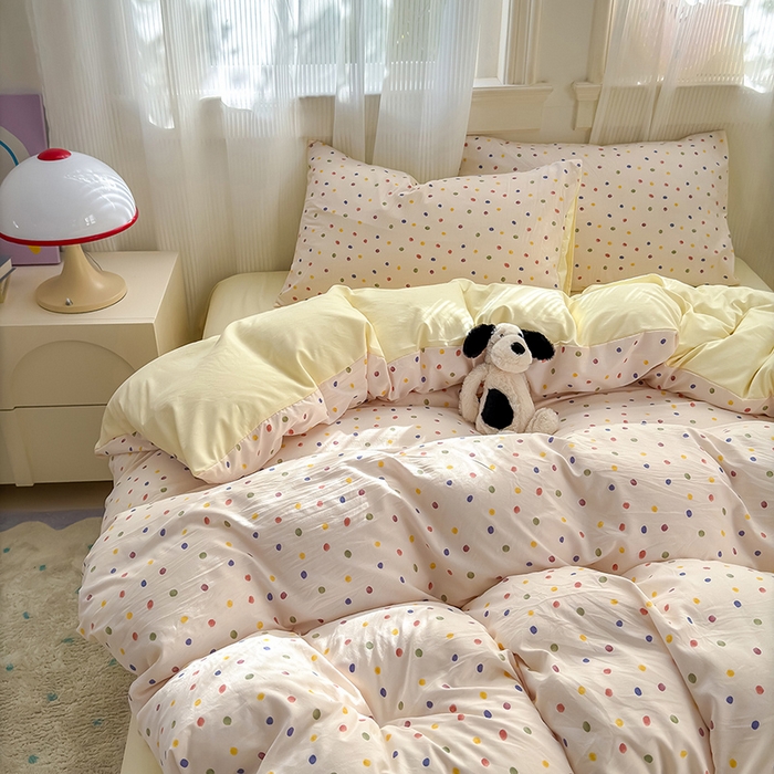91家纺网 家纺一手货源 找家纺 沐芷 2025 A类软萌水洗棉卡通印花四件套床上用品三件套被套床单 圆波点