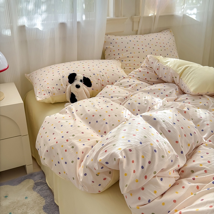 91家纺网 家纺一手货源 找家纺 沐芷 2025 A类软萌水洗棉卡通印花四件套床上用品三件套被套床单 圆波点