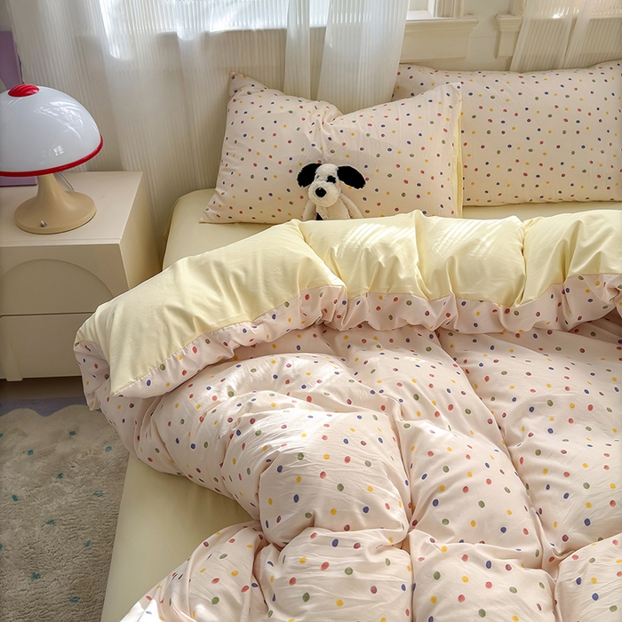 91家纺网 家纺一手货源 找家纺 沐芷 2025 A类软萌水洗棉卡通印花四件套床上用品三件套被套床单 圆波点