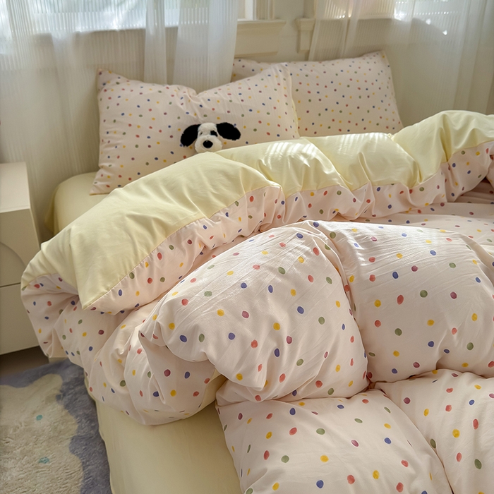 91家纺网 家纺一手货源 找家纺 沐芷 2025 A类软萌水洗棉卡通印花四件套床上用品三件套被套床单 圆波点