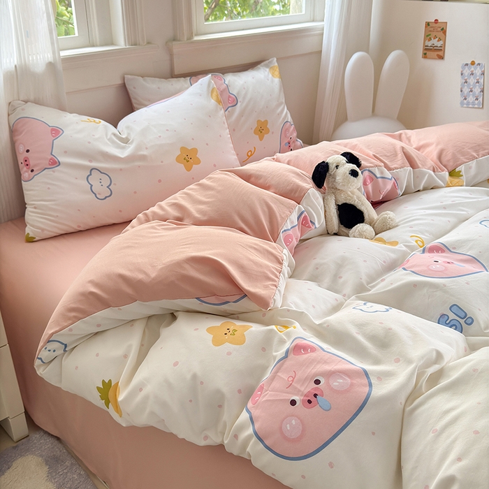 91家纺网 家纺一手货源 找家纺 沐芷 2025 软萌卡通超柔水洗棉单被套A类 被套单件被罩 困困小猪