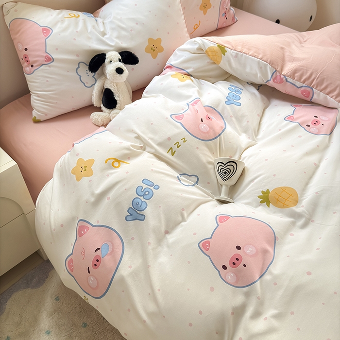 91家纺网 家纺一手货源 找家纺 沐芷 2025 软萌卡通超柔水洗棉单被套A类 被套单件被罩 困困小猪