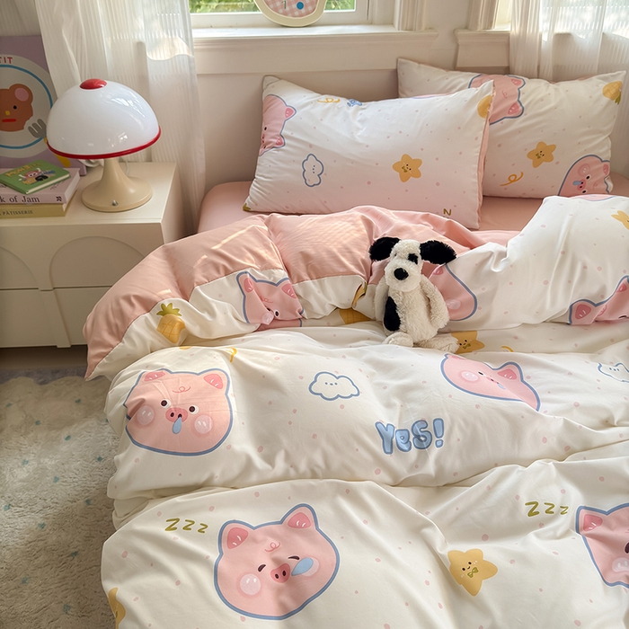 91家纺网 家纺一手货源 找家纺 沐芷 2025 软萌卡通超柔水洗棉单被套A类 被套单件被罩 困困小猪