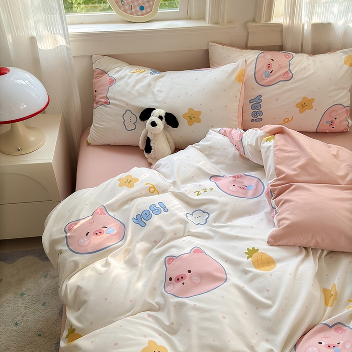 91家纺网 家纺一手货源 找家纺 沐芷 2025 软萌卡通超柔水洗棉单被套A类 被套单件被罩 困困小猪