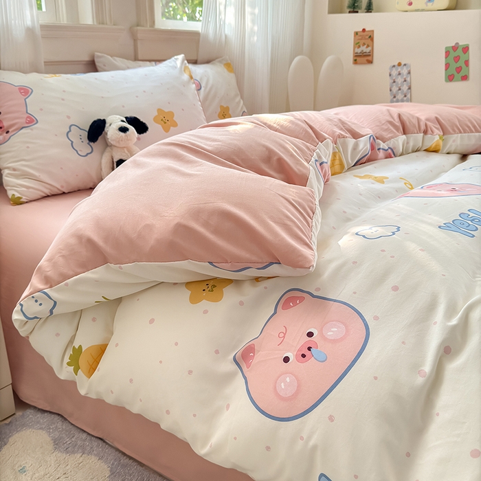 91家纺网 家纺一手货源 找家纺 沐芷 2025 软萌卡通超柔水洗棉单被套A类 被套单件被罩 困困小猪