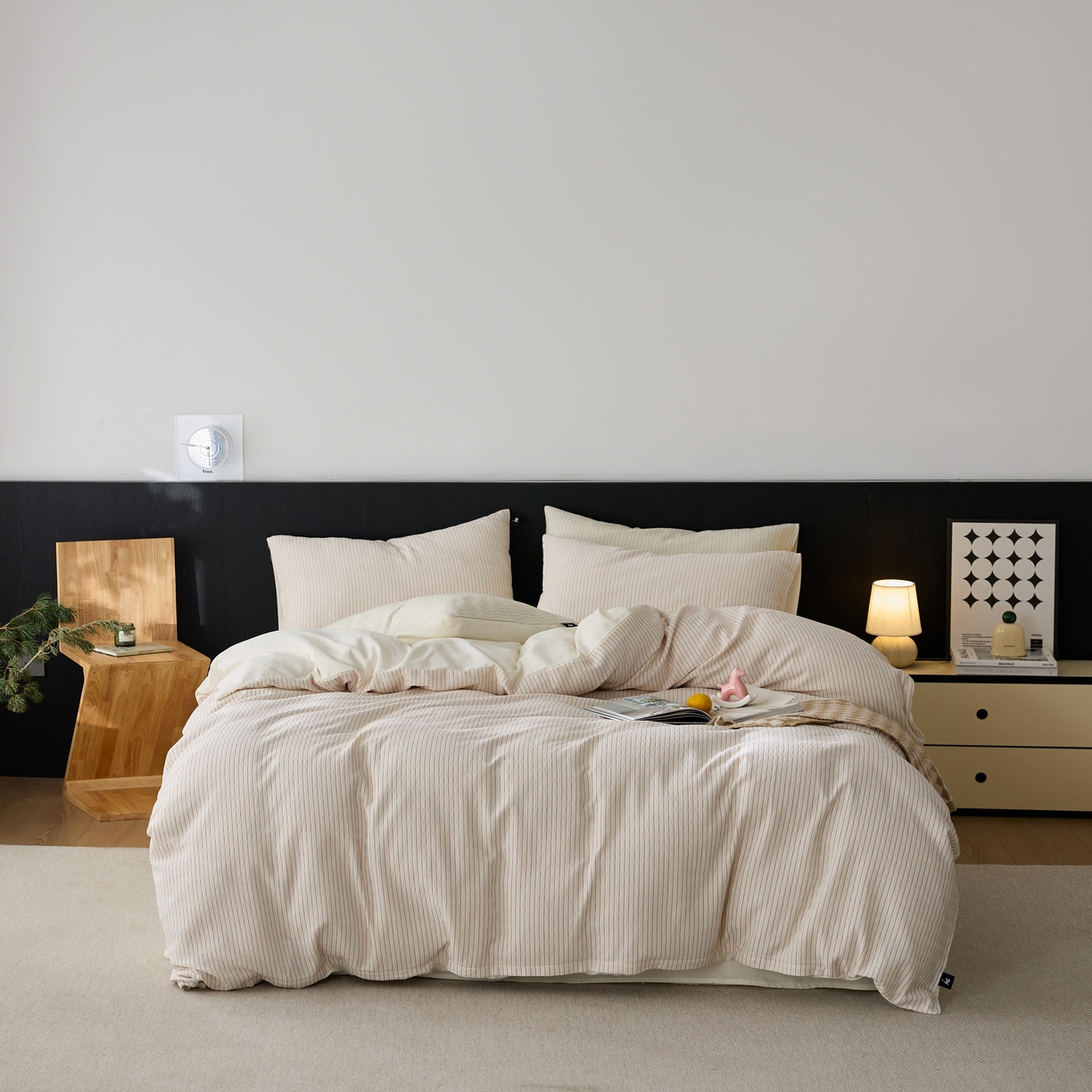 91家纺网 家纺一手货源 找家纺 安莱生活 2025新款精梳纱色织提花四件套-森韵 森韵-红白彩条