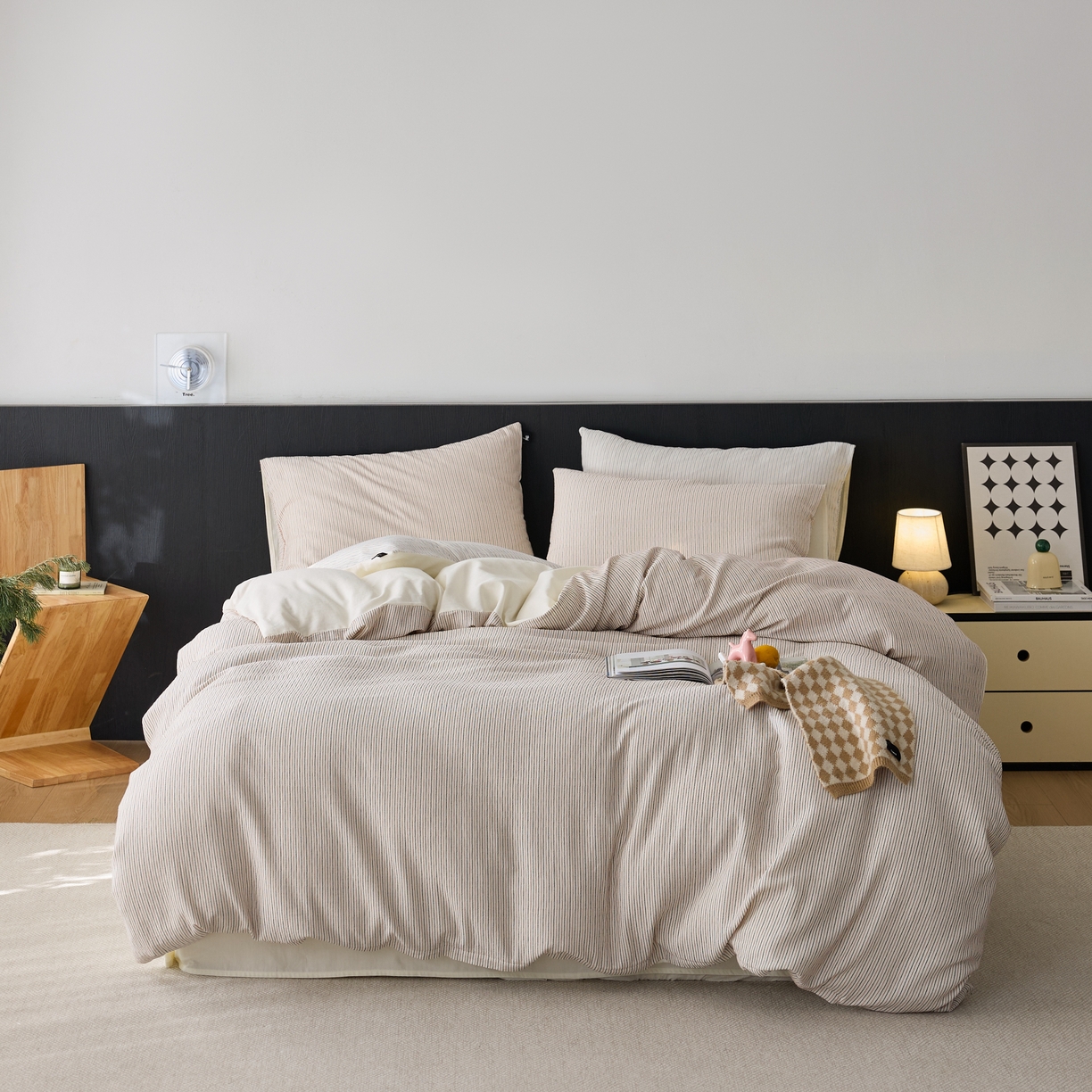 91家纺网 家纺一手货源 找家纺 安莱生活 2025新款精梳纱色织提花四件套-森韵 森韵-红蓝彩条