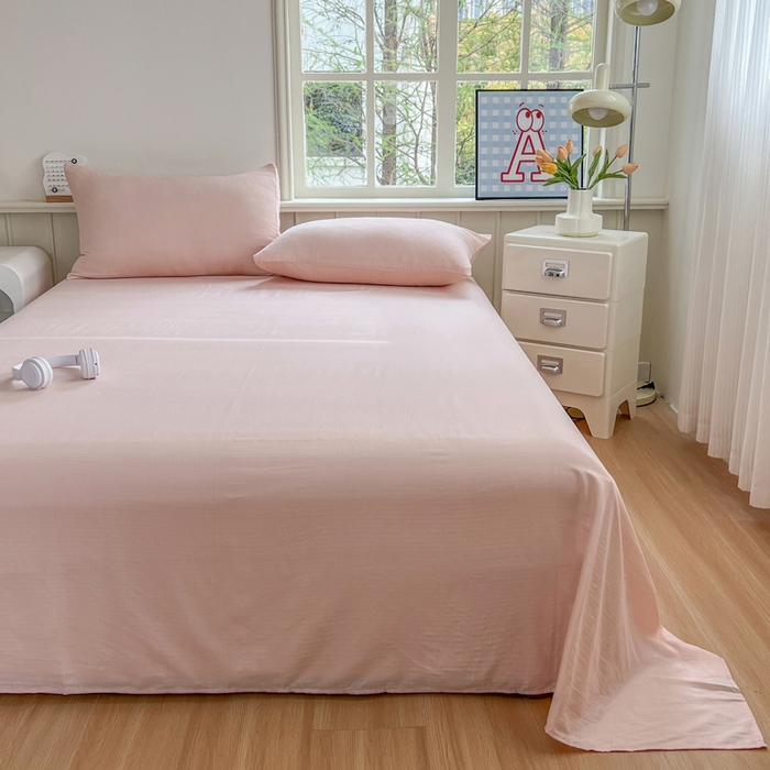 91家纺网 家纺一手货源 找家纺 柠萌家居 2025年新款A类母婴级纯棉双层纱床单全棉床单 双层纱蜜桃粉