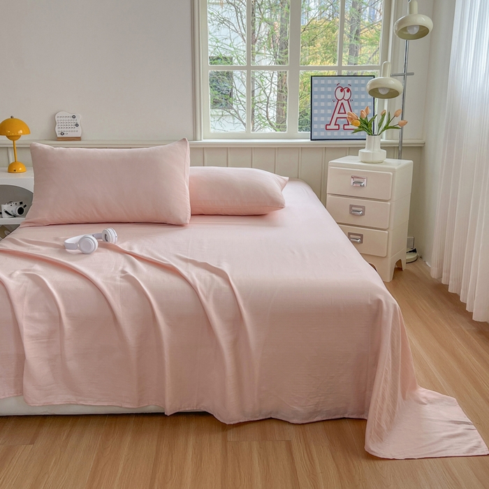 91家纺网 家纺一手货源 找家纺 柠萌家居 2025年新款A类母婴级纯棉双层纱床单全棉床单 双层纱蜜桃粉