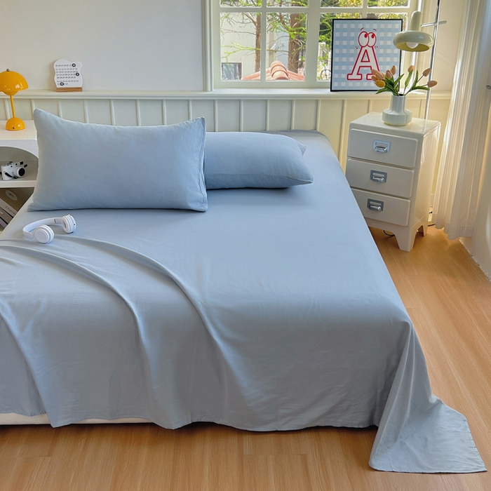 91家纺网 家纺一手货源 找家纺 柠萌家居 2025年新款A类母婴级纯棉双层纱床单全棉床单 双层纱天空蓝