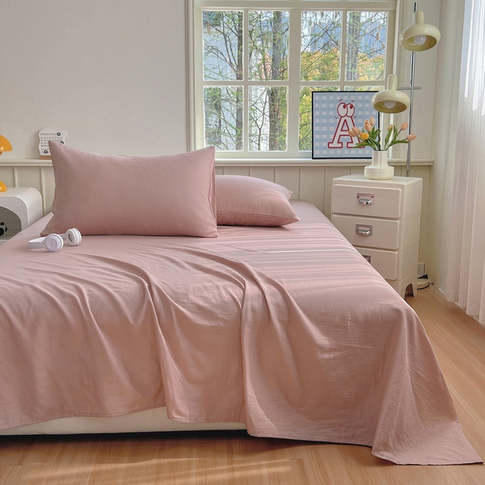 91家纺网 家纺一手货源 找家纺 柠萌家居 2025年新款A类母婴级纯棉双层纱床单全棉床单 双层纱豆沙