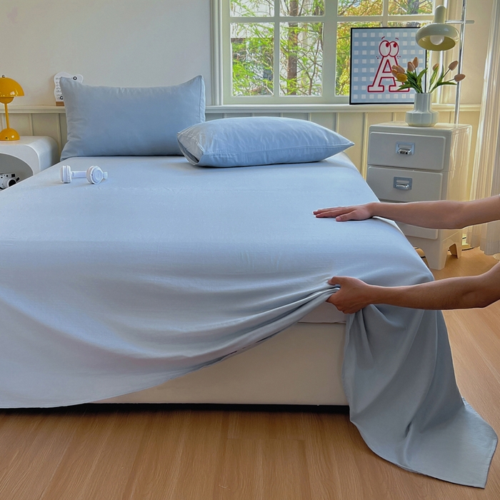 91家纺网 家纺一手货源 找家纺 柠萌家居 2025年新款A类母婴级纯棉双层纱床单全棉床单 双层纱天空蓝