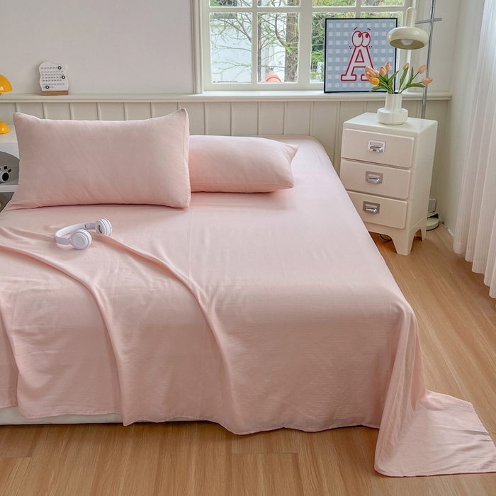 91家纺网 家纺一手货源 找家纺 柠萌家居 2025年新款A类母婴级纯棉双层纱床单全棉床单 双层纱蜜桃粉