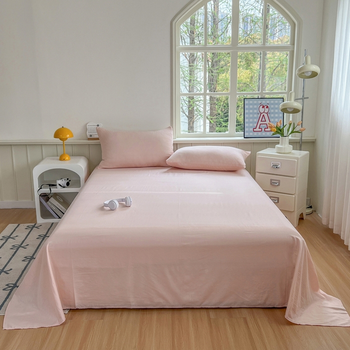 91家纺网 家纺一手货源 找家纺 柠萌家居 2025年新款A类母婴级纯棉双层纱床单全棉床单 双层纱蜜桃粉