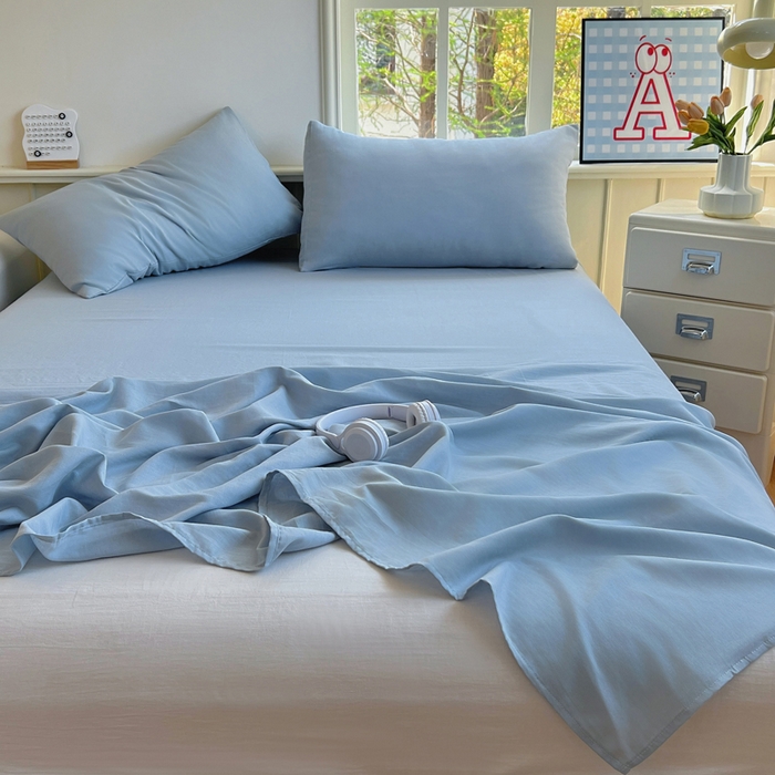91家纺网 家纺一手货源 找家纺 柠萌家居 2025年新款A类母婴级纯棉双层纱床单全棉床单 双层纱天空蓝