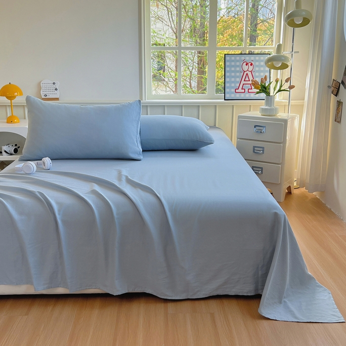 91家纺网 家纺一手货源 找家纺 柠萌家居 2025年新款A类母婴级纯棉双层纱床单全棉床单 双层纱天空蓝