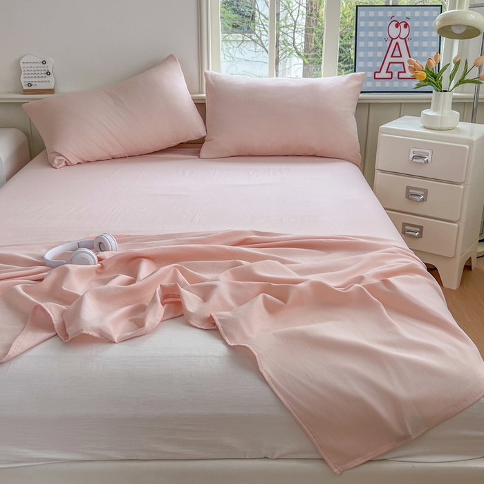 91家纺网 家纺一手货源 找家纺 柠萌家居 2025年新款A类母婴级纯棉双层纱床单全棉床单 双层纱蜜桃粉