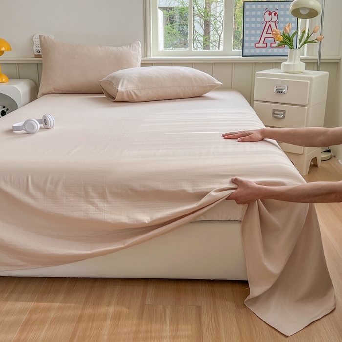 91家纺网 家纺一手货源 找家纺 柠萌家居 2025年新款A类母婴级纯棉双层纱床单全棉床单 双层纱浅香槟