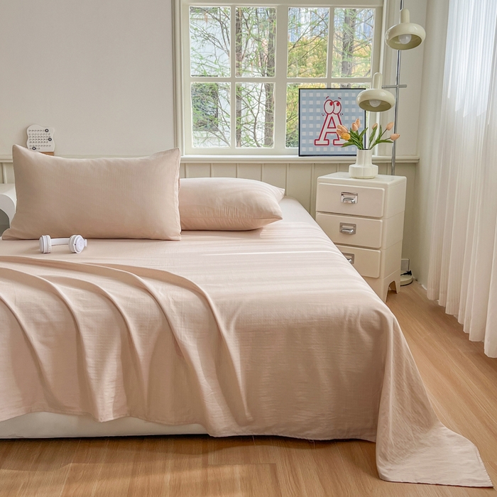 91家纺网 家纺一手货源 找家纺 柠萌家居 2025年新款A类母婴级纯棉双层纱床单全棉床单 双层纱浅香槟