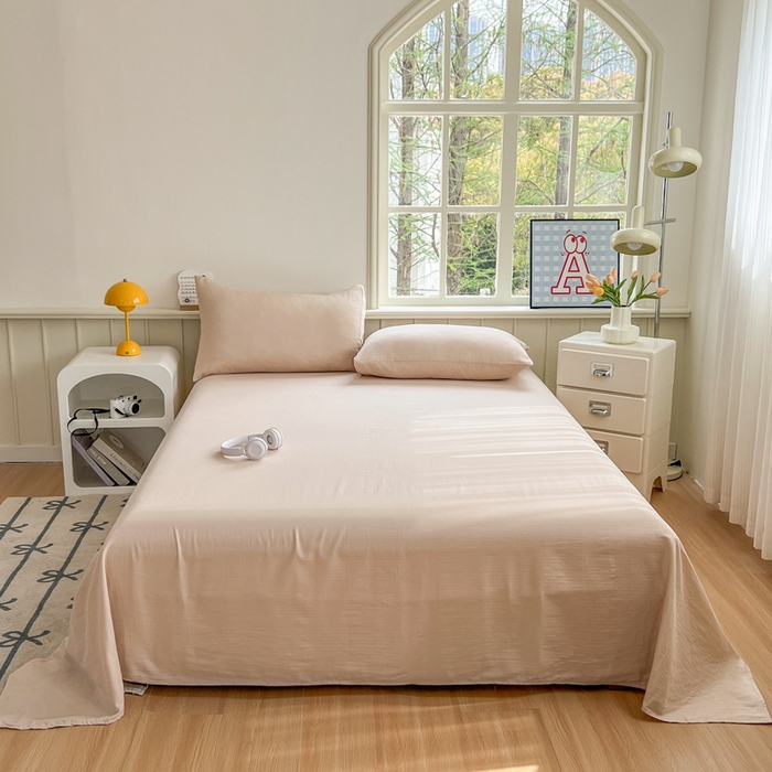 91家纺网 家纺一手货源 找家纺 柠萌家居 2025年新款A类母婴级纯棉双层纱床单全棉床单 双层纱浅香槟