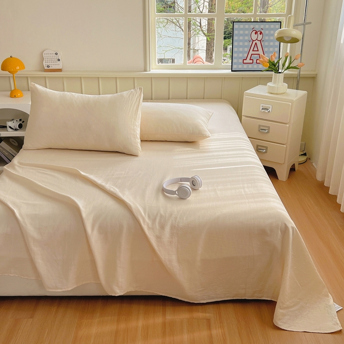 91家纺网 家纺一手货源 找家纺 柠萌家居 2025年新款A类母婴级纯棉双层纱床单全棉床单 双层纱米黄