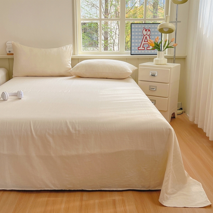 91家纺网 家纺一手货源 找家纺 柠萌家居 2025年新款A类母婴级纯棉双层纱床单全棉床单 双层纱米黄