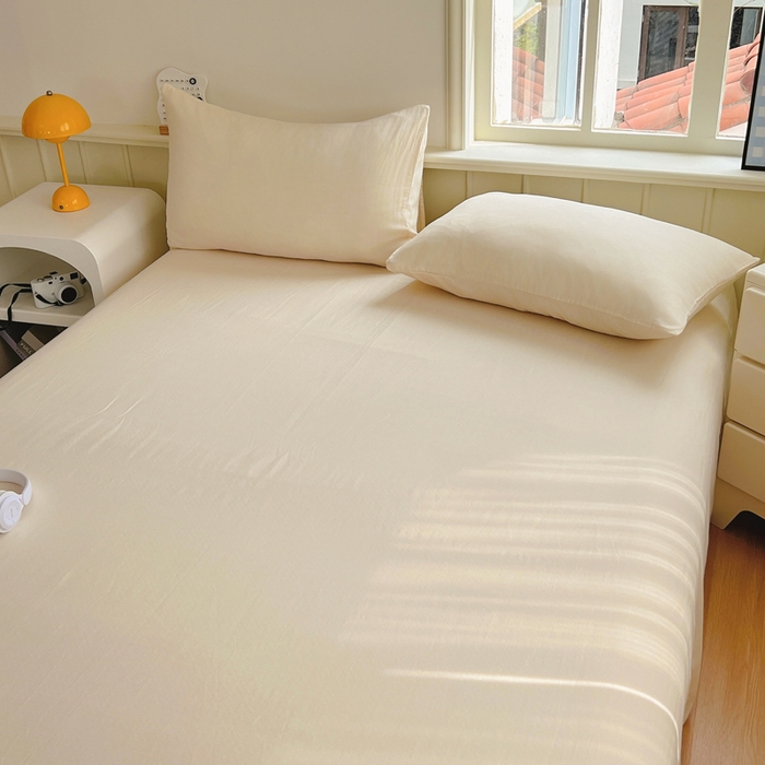 91家纺网 家纺一手货源 找家纺 柠萌家居 2025年新款A类母婴级纯棉双层纱床单全棉床单 双层纱米黄