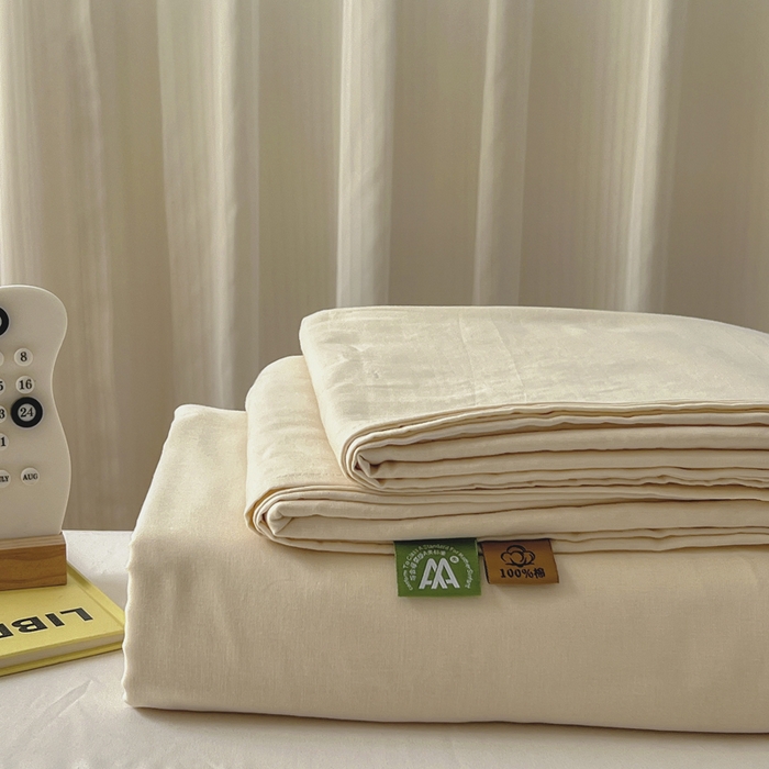 91家纺网 家纺一手货源 找家纺 柠萌家居 2025年新款A类母婴级纯棉双层纱床单全棉床单 双层纱米黄