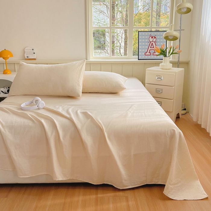 91家纺网 家纺一手货源 找家纺 柠萌家居 2025年新款A类母婴级纯棉双层纱床单全棉床单 双层纱米黄